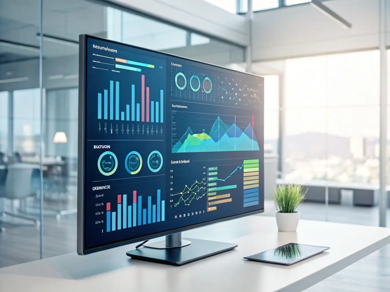 An illustration of data analytics dashboards displaying AI-driven marketing insights, representing SAMTASHI's AI-Based Marketing service.
