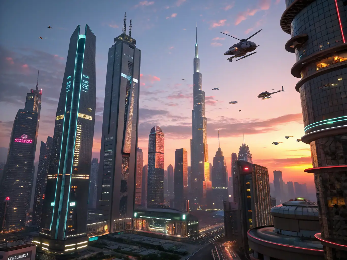 A vibrant virtual environment showcasing a futuristic cityscape designed for a brand event in the metaverse, highlighting SAMTASHI's Metaverse Design service.