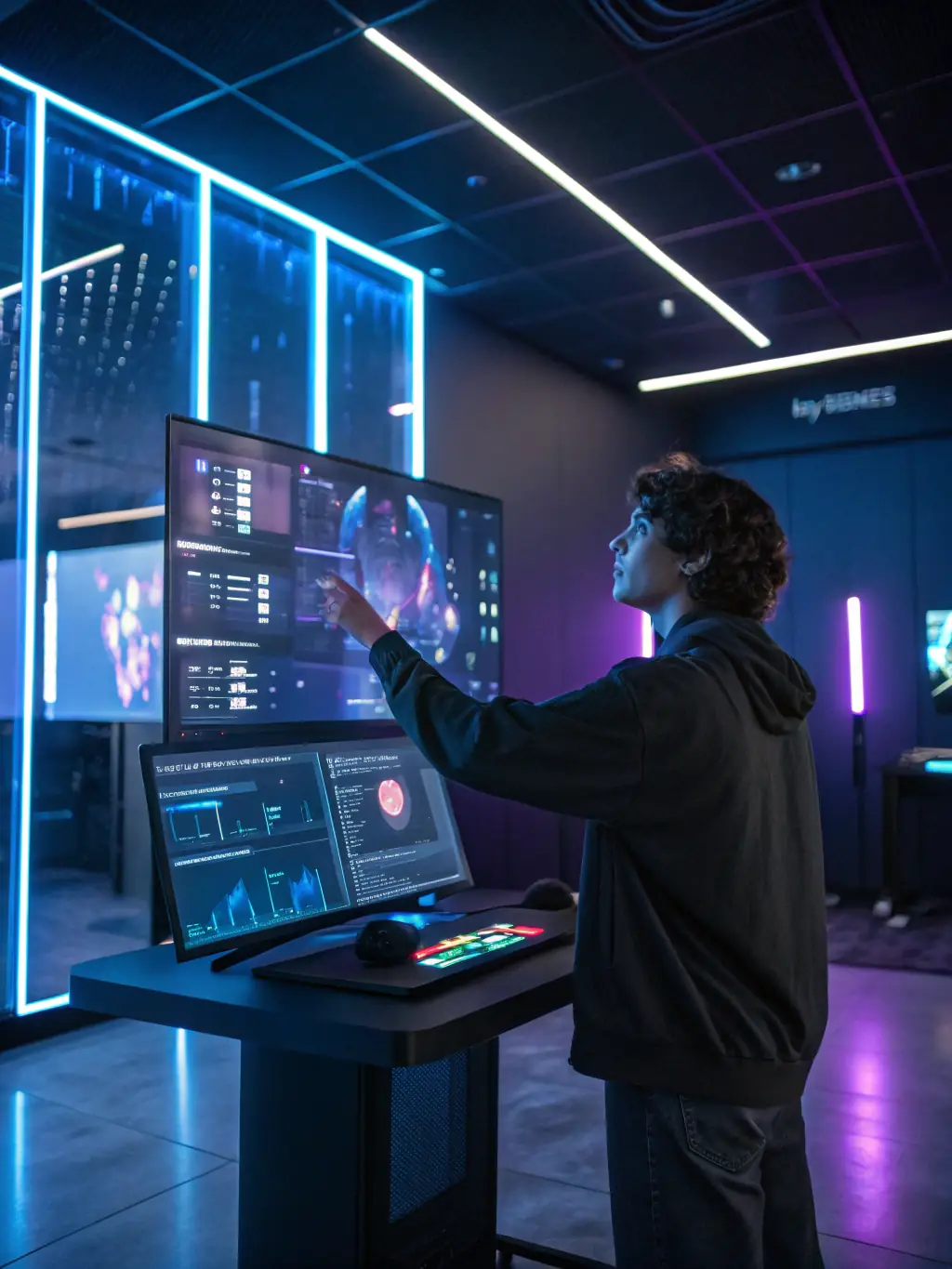 A visual representation of a metaverse environment being designed, with 3D models and design tools, showcasing the metaverse design process.