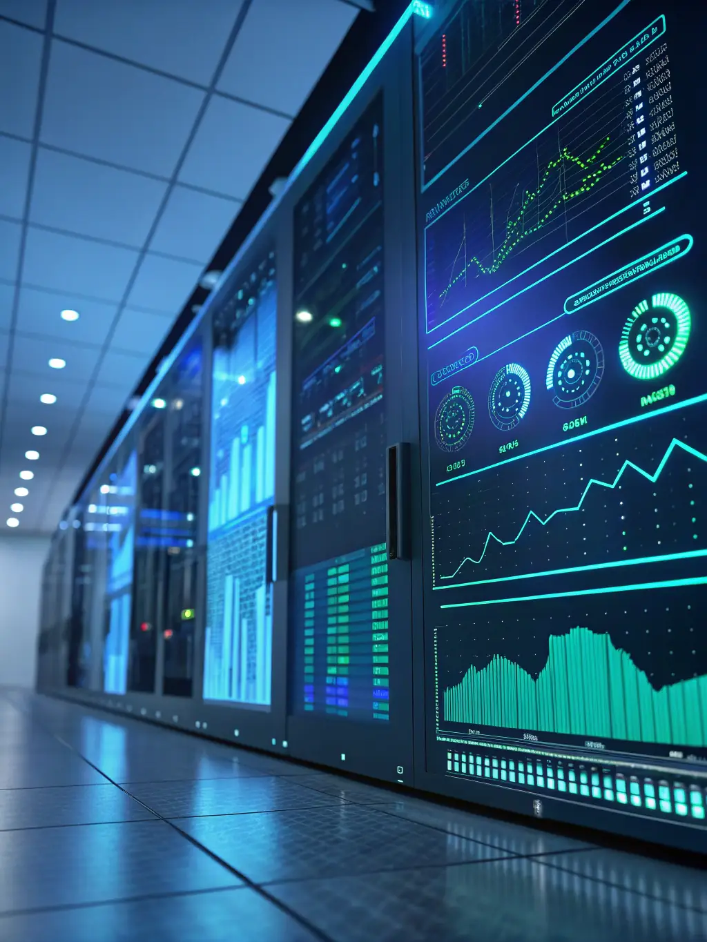 A graphic illustrating data analysis with AI, showing charts and graphs being processed by a computer, symbolizing data-driven insights.