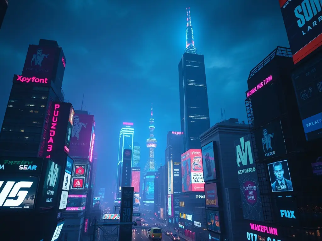 A futuristic cityscape with a sleek, modern building integrated into a vibrant metaverse environment, showcasing SAMTASHI's metaverse design capabilities.