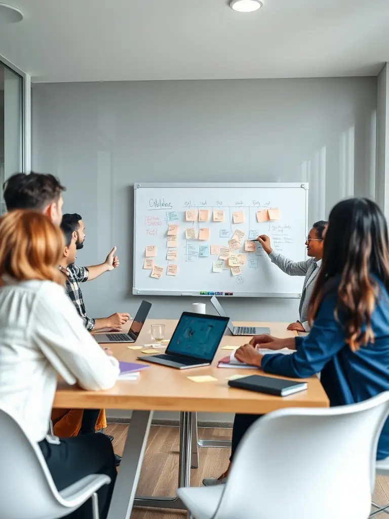 A photo of a team brainstorming session in a modern office, with sticky notes and diagrams on a whiteboard, representing collaborative planning.