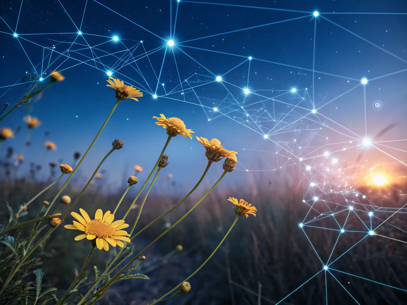 An image of a complex AI algorithm visualized as a network of interconnected nodes, representing SAMTASHI's AI-powered marketing solutions.